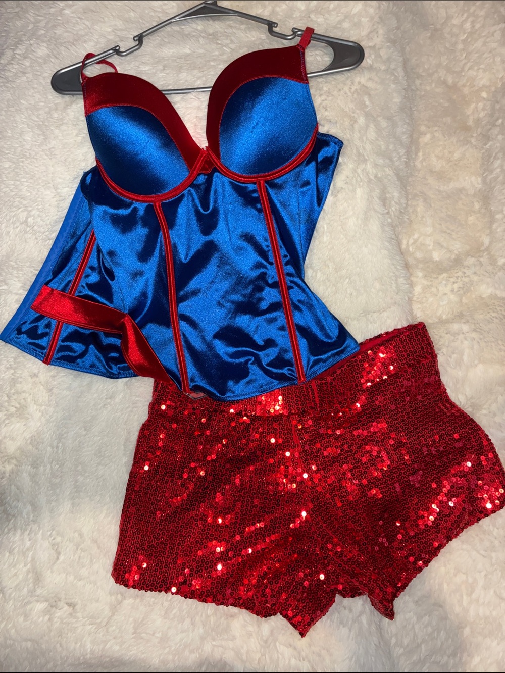 Spirit “Superwoman” Blue Satin Bustier with Red Sequin Shorts